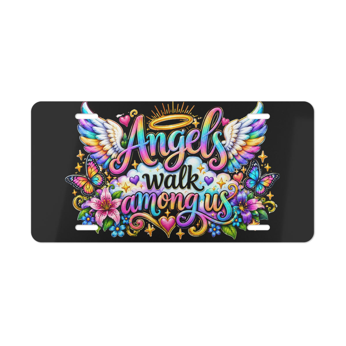 Angels Walk Among Us Vanity Plate | Rainbow Wings, Floral Memorial License Plate
