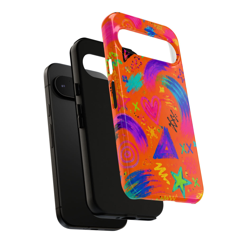 Colorful Neon Doodle Phone Case — Bright Abstract Stars & Hearts Tough Case