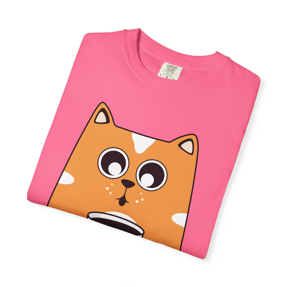 Coffee Cat T-Shirt — Cute Cat Holding Coffee Mug, “My morning doesn’t start until the coffee clocks in” Tee