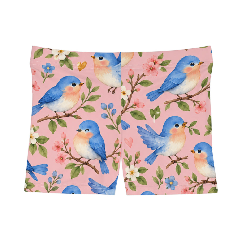 Bluebird Floral Pattern Women's Shorts | Pink Spring Bird Design