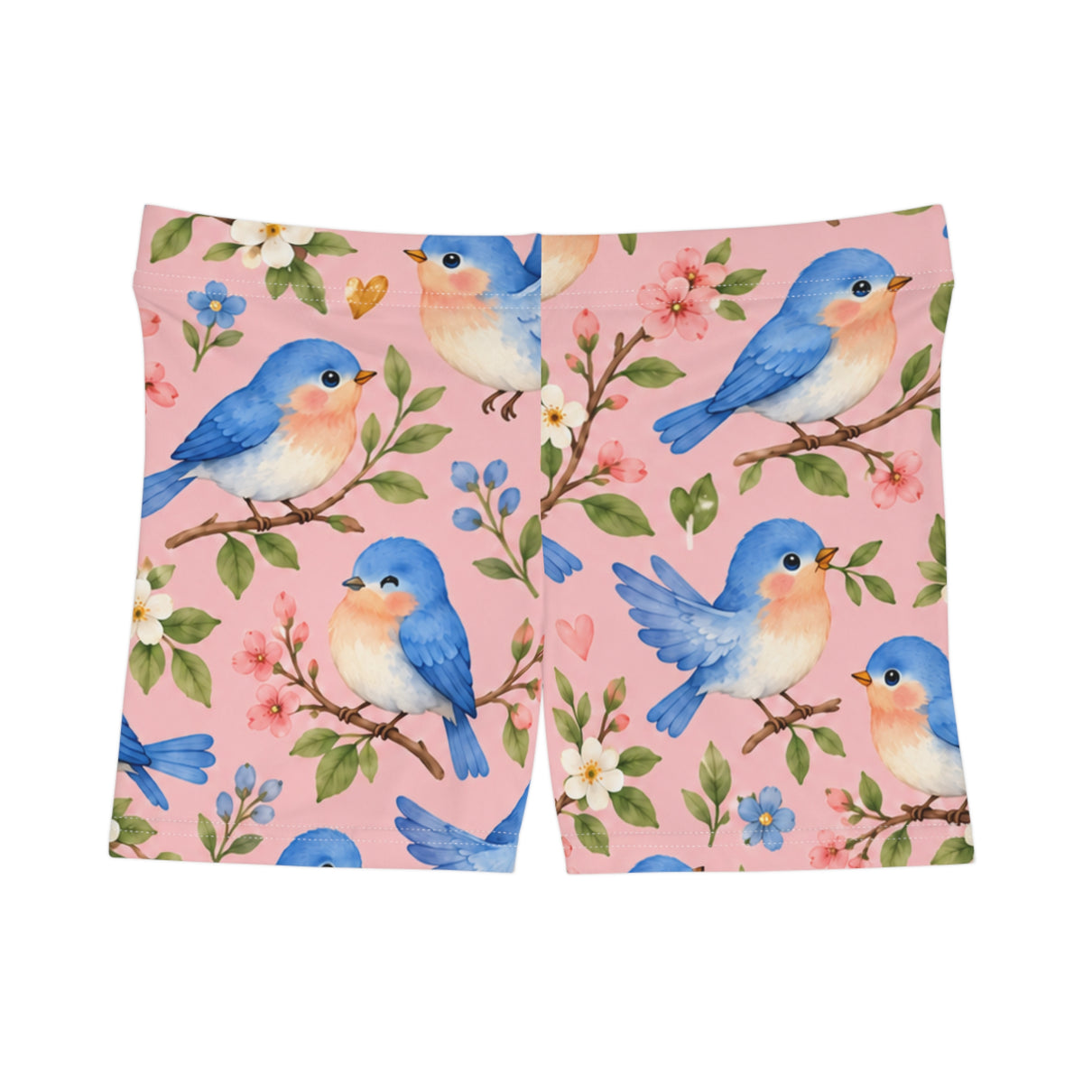 Bluebird Floral Pattern Women's Shorts | Pink Spring Bird Design
