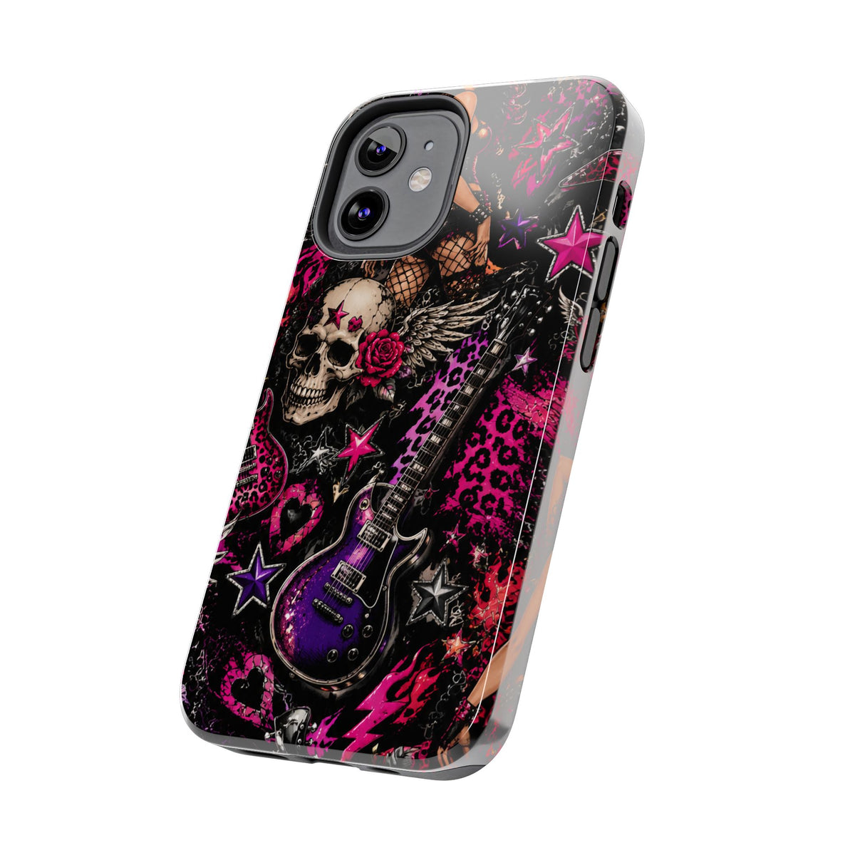 Rock Skull Guitar Phone Case — Edgy Pink Skull & Roses Tough Phone Case