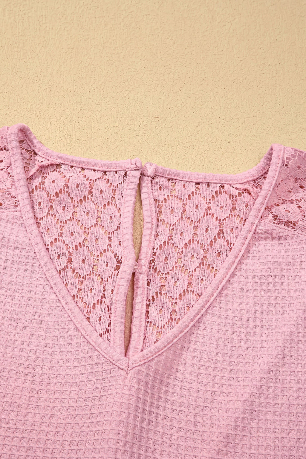 Lace Patchwork Buttoned Cutout Waffle Knit Blouse