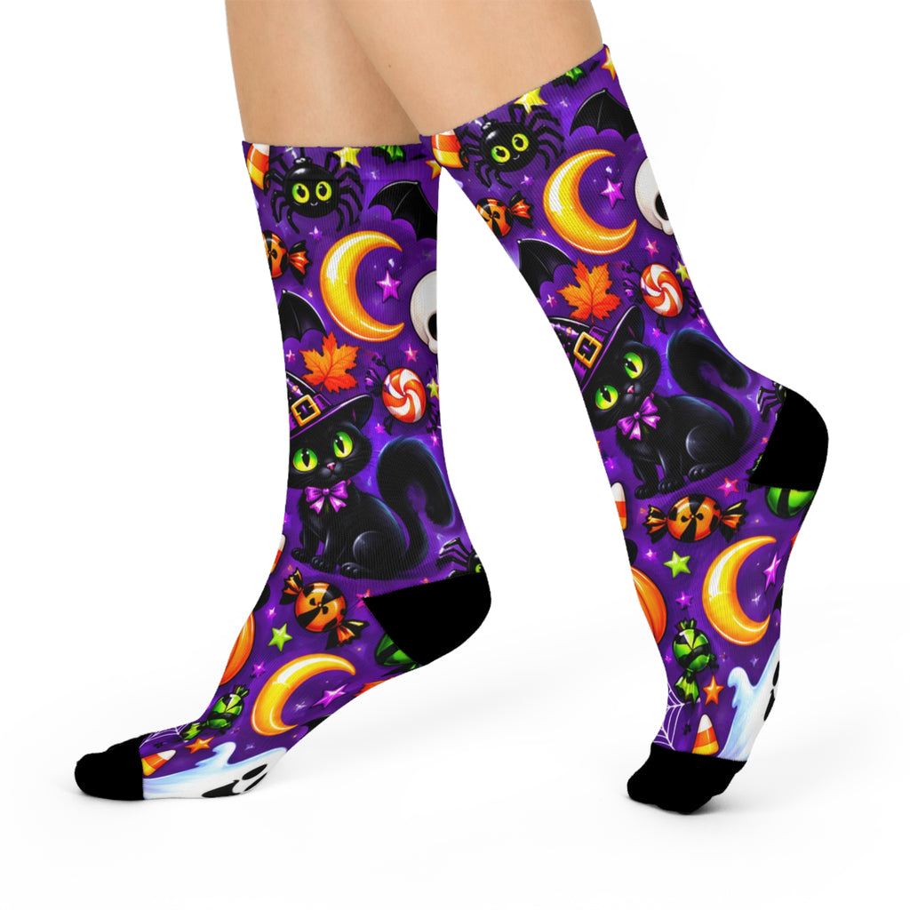 Halloween Cat & Pumpkin Crew Socks — Cushioned Trick-or-Treat Pattern