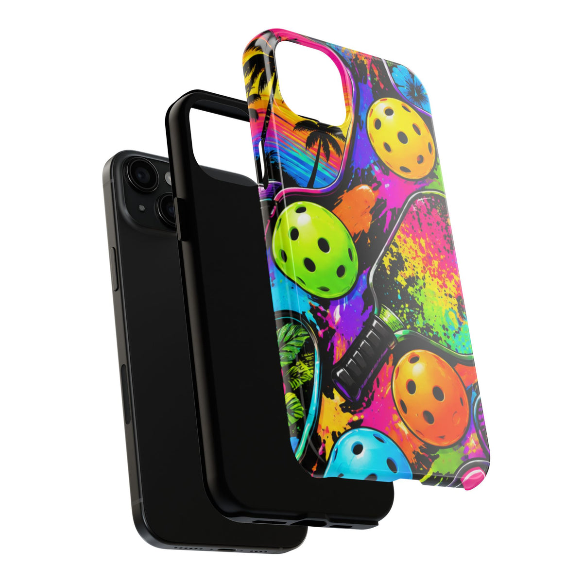 Pickleball Splash Tough Phone Case — Neon Paddle & Ball Protective Cover