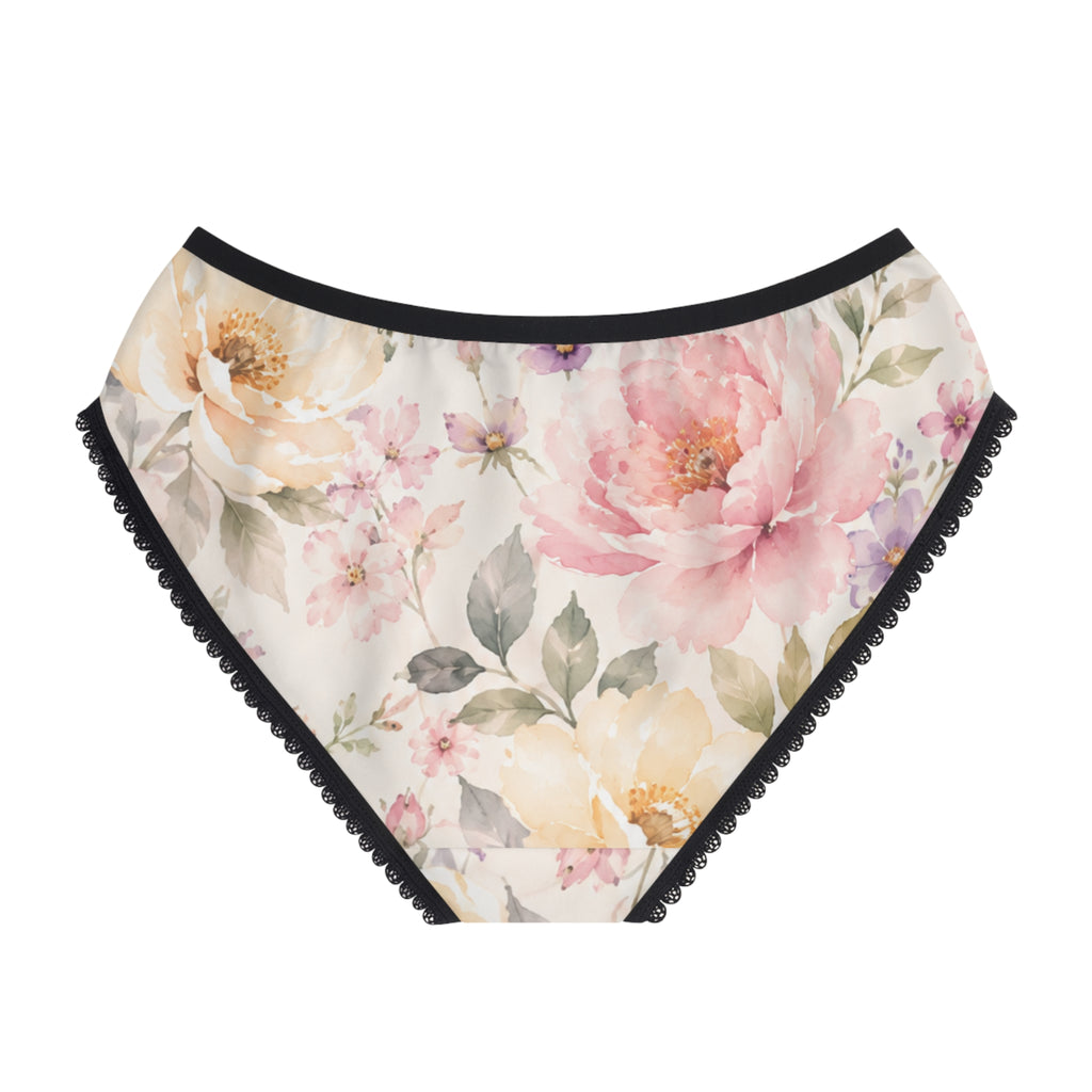 Floral Watercolor Lace-Trim Women's Briefs — Soft Pink Peony All-Over Print