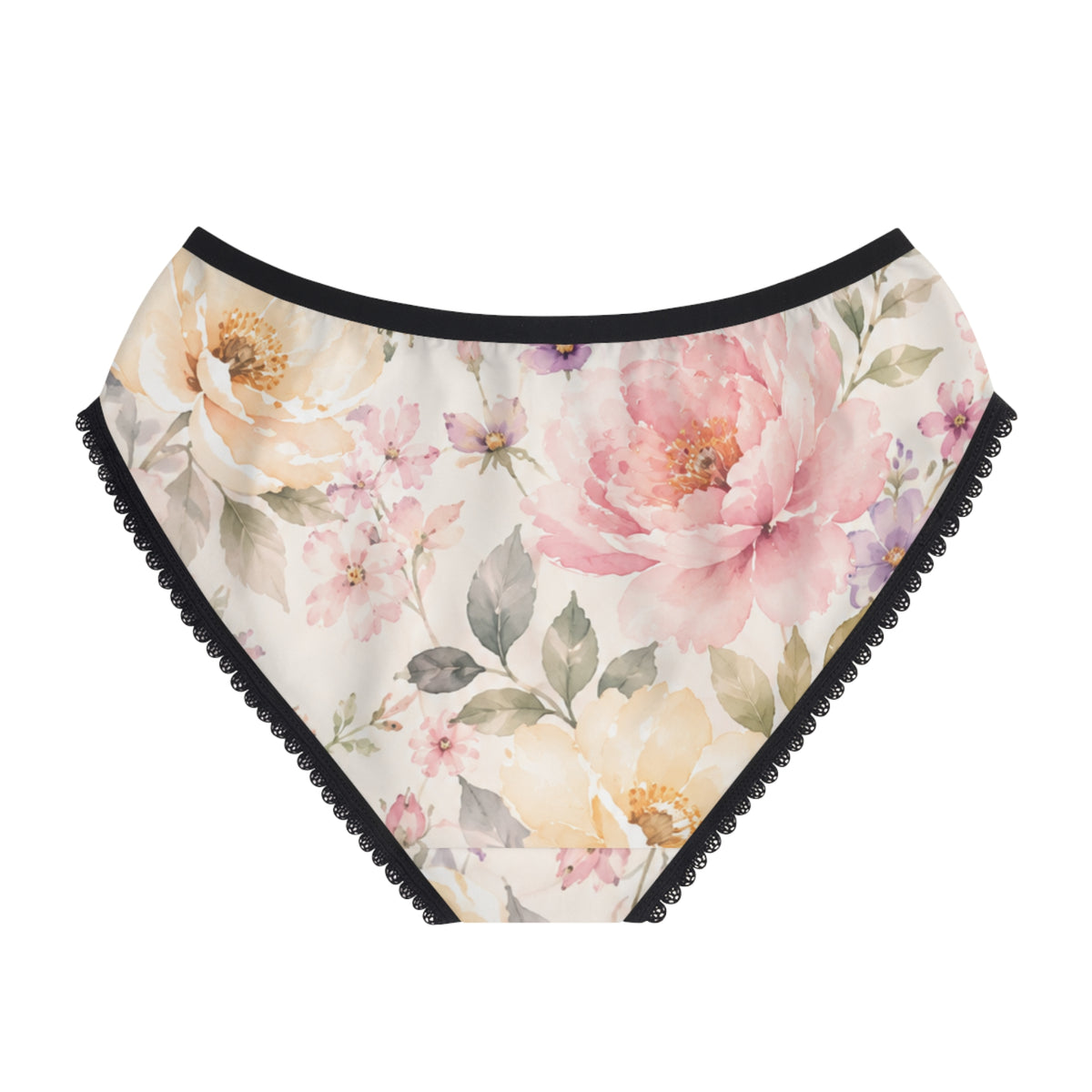 Floral Watercolor Lace-Trim Women's Briefs — Soft Pink Peony All-Over Print