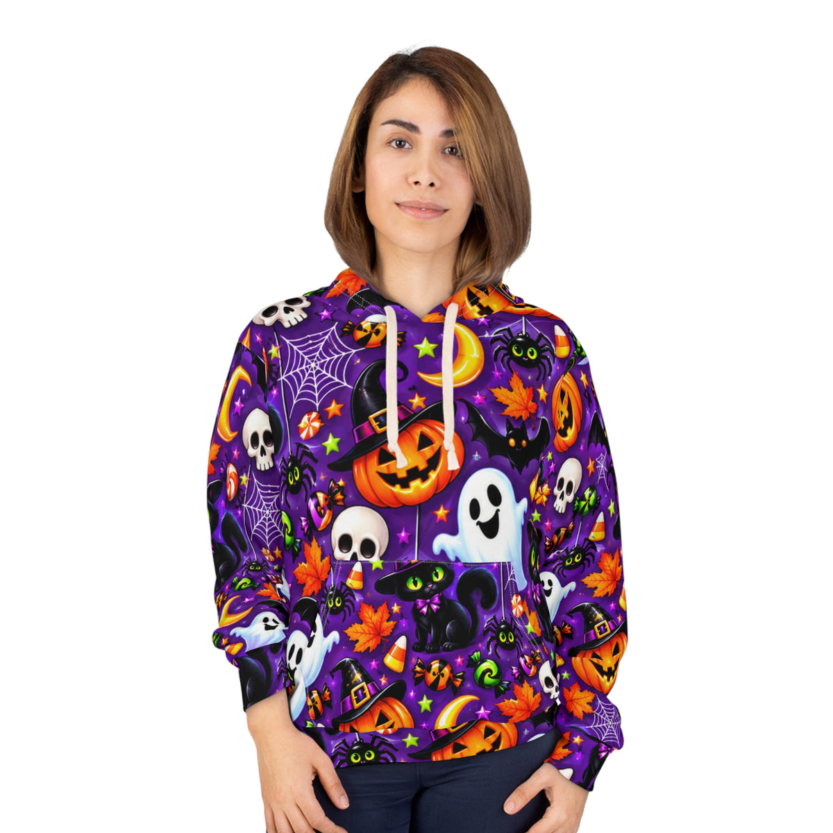 Halloween Allover Print Hoodie — Cute Spooky Ghosts, Pumpkins & Skulls