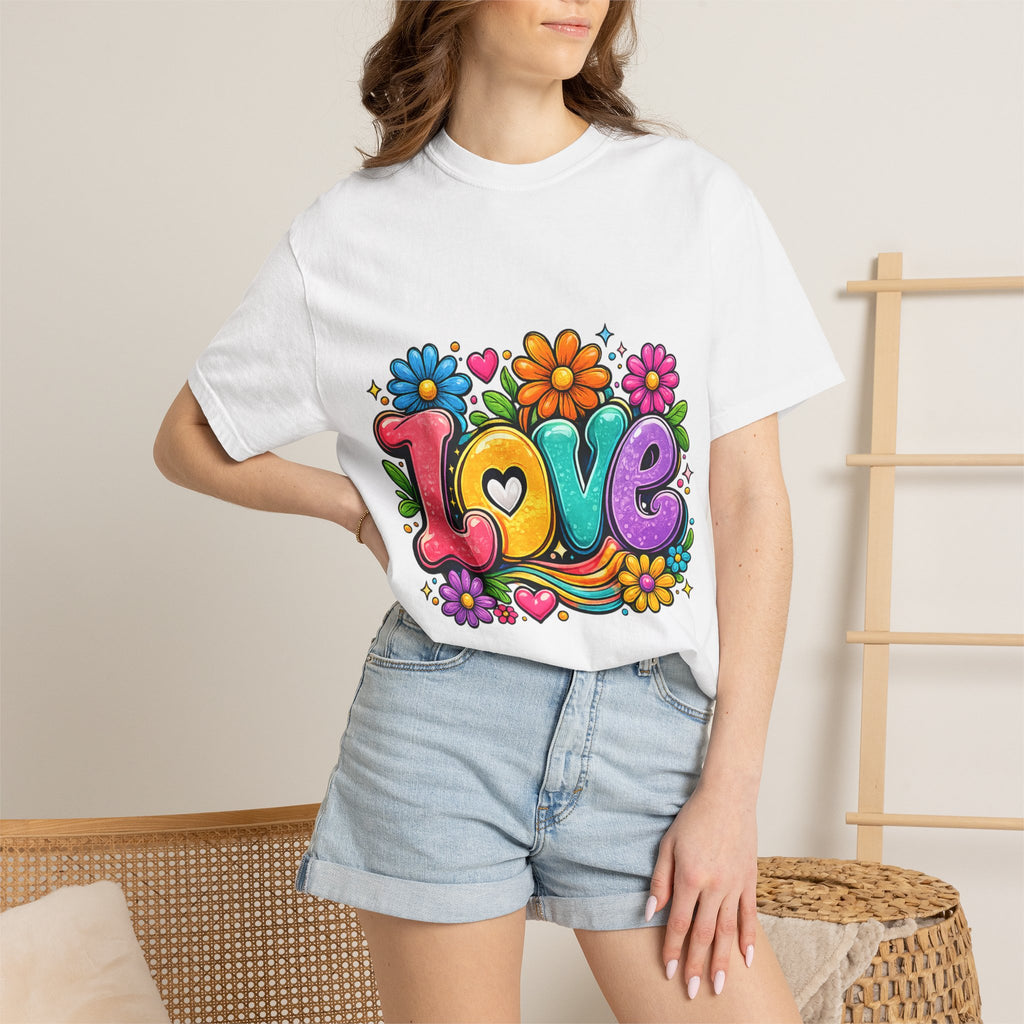 Retro Floral "Love" Design T-shirt | Colorful 70s Heart Typography