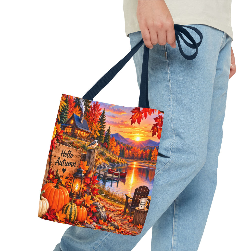 Autumn Lakeside Tote Bag — "Hello Autumn" Fall Cabin Sunset Design