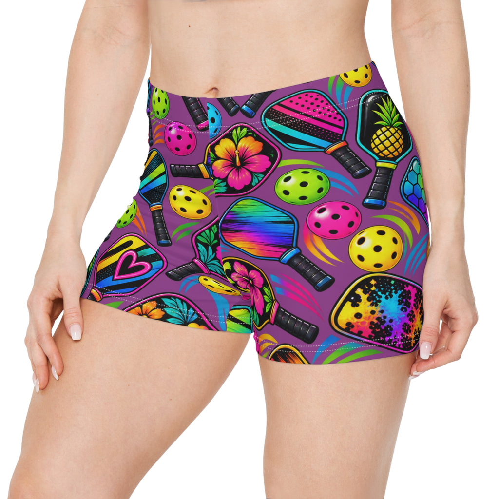 Neon Paddle Sports Women's Shorts — Colorful Pickleball & Paddle Print AOP