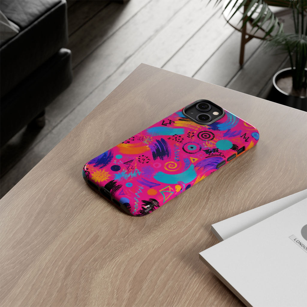Neon Retro Abstract Tough Phone Case — 80s Brushstroke Pattern
