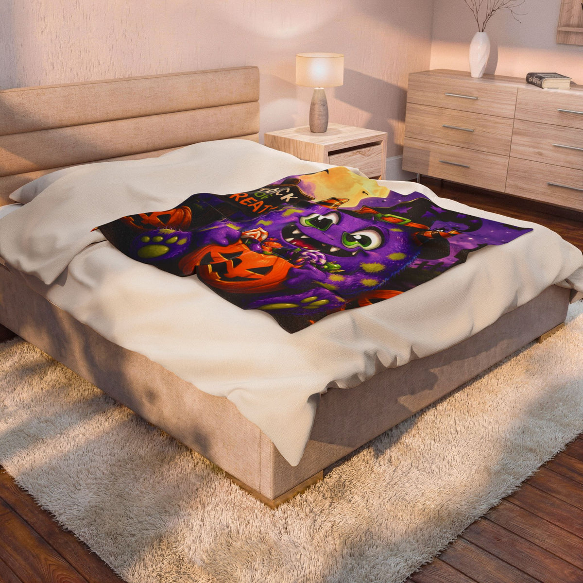 Halloween Monster Velveteen Plush Blanket – Cute Purple Trick or Treat Design