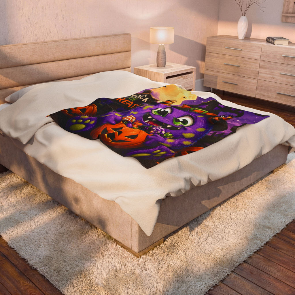 Halloween Monster Velveteen Plush Blanket – Cute Purple Trick or Treat Design