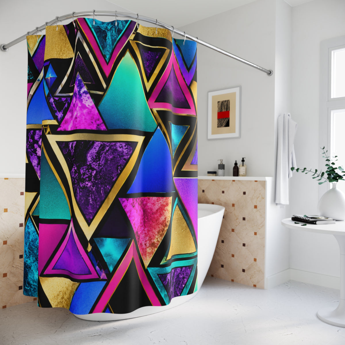 Vibrant Geometric Triangle Shower Curtain — Neon Gold Retro Bathroom Decor