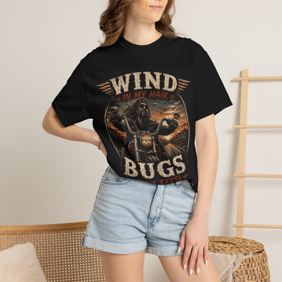 Wind in My Hair Bugs in My Teeth T-shirt | Biker Skull Motorcycle Tee