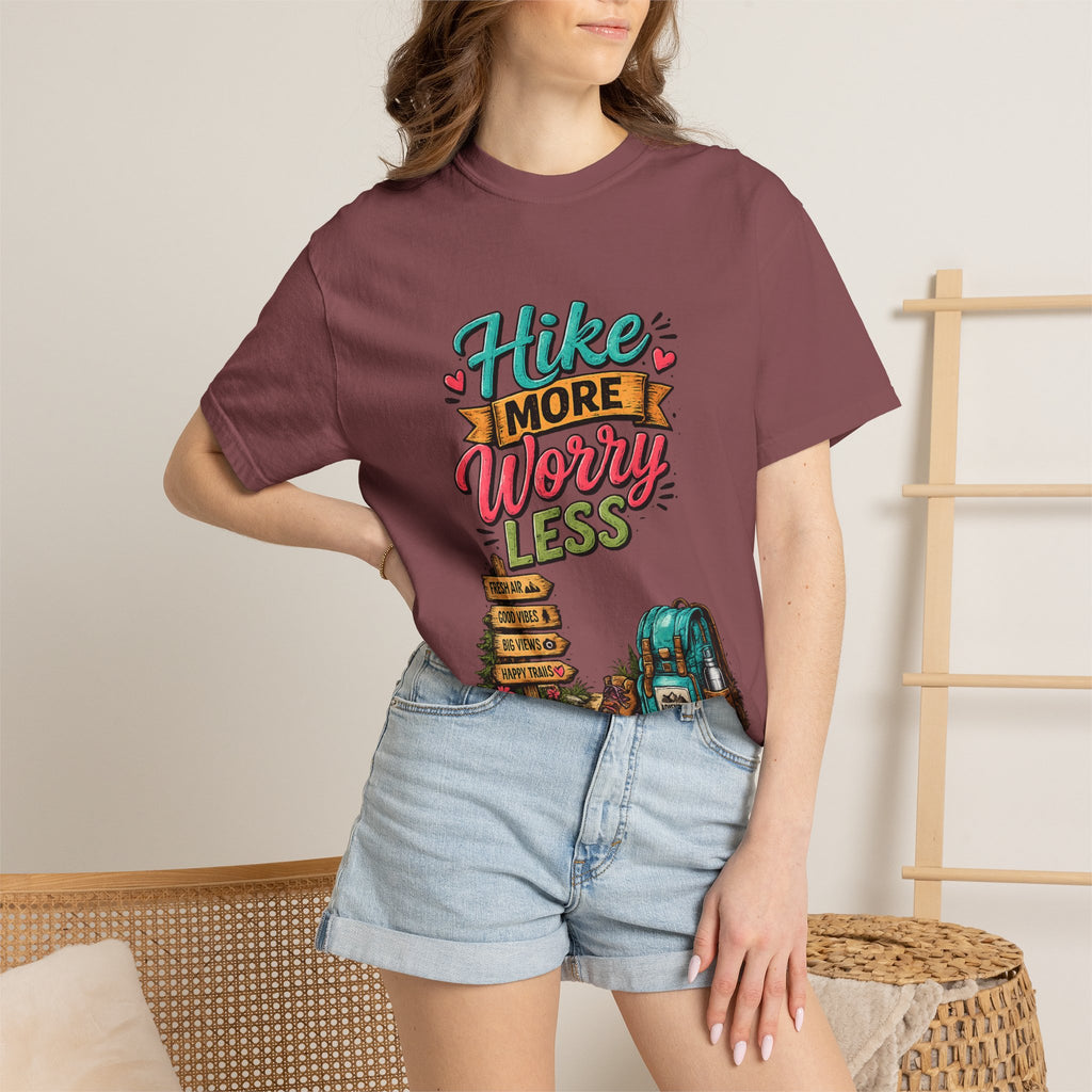 Hike More Worry Less T-Shirt | Hiking Backpack Trail Sign Tee