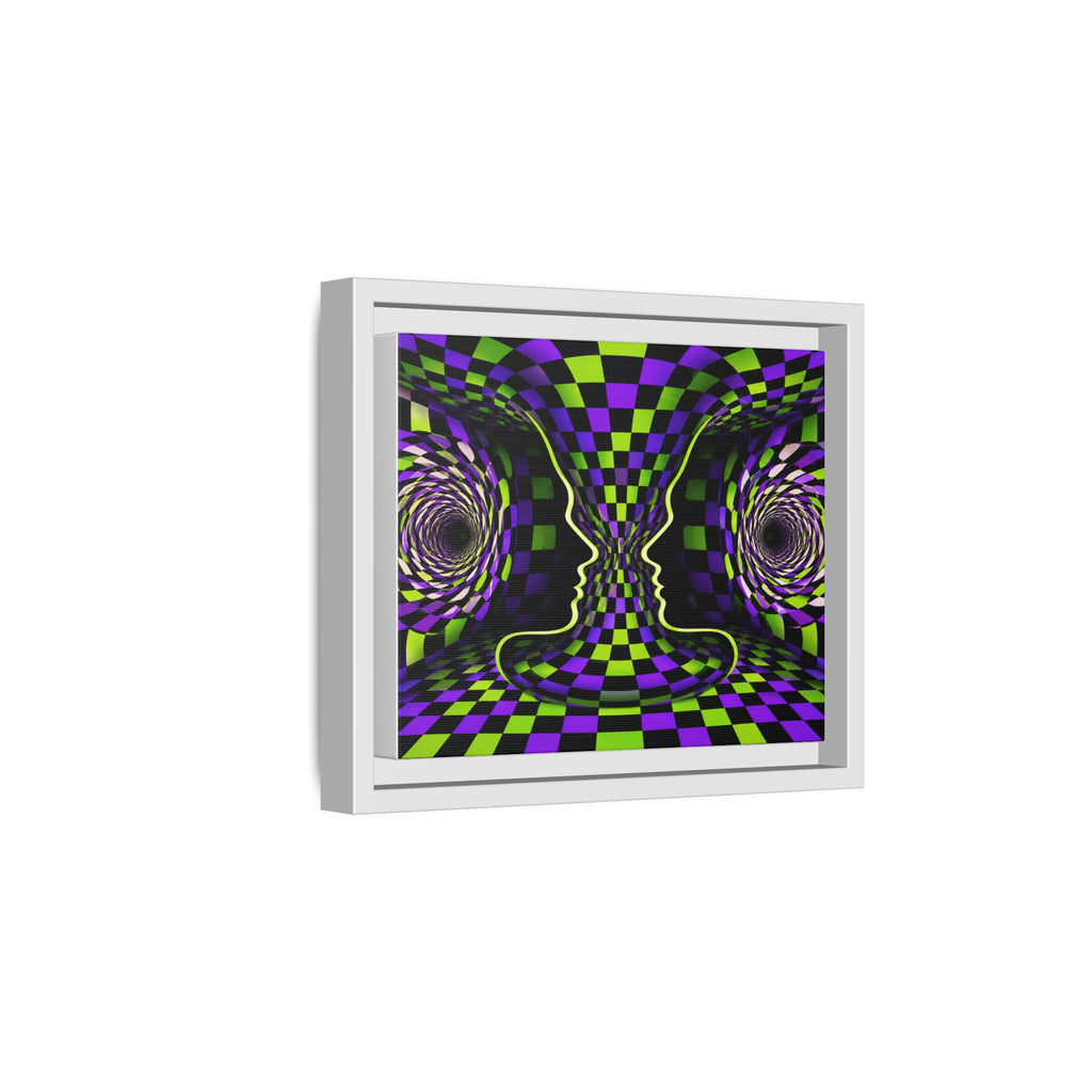Framed Psychedelic Illusion Art Print — Abstract Checkerboard Faces (Purple & Green)