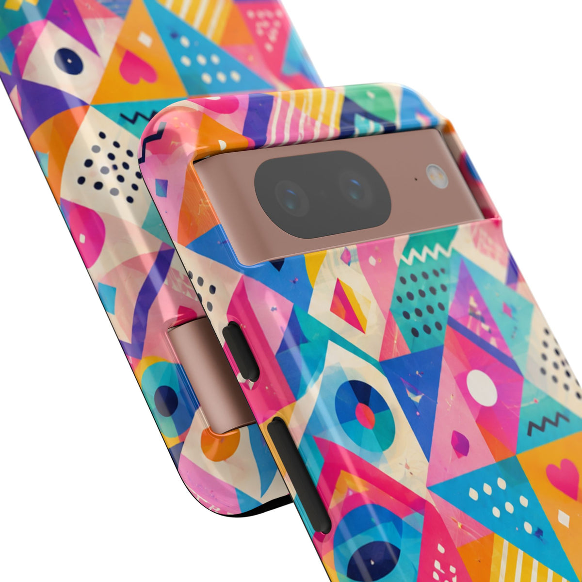 Colorful Geometric Tough Phone Case — Bright Abstract Heart & Triangle Pattern