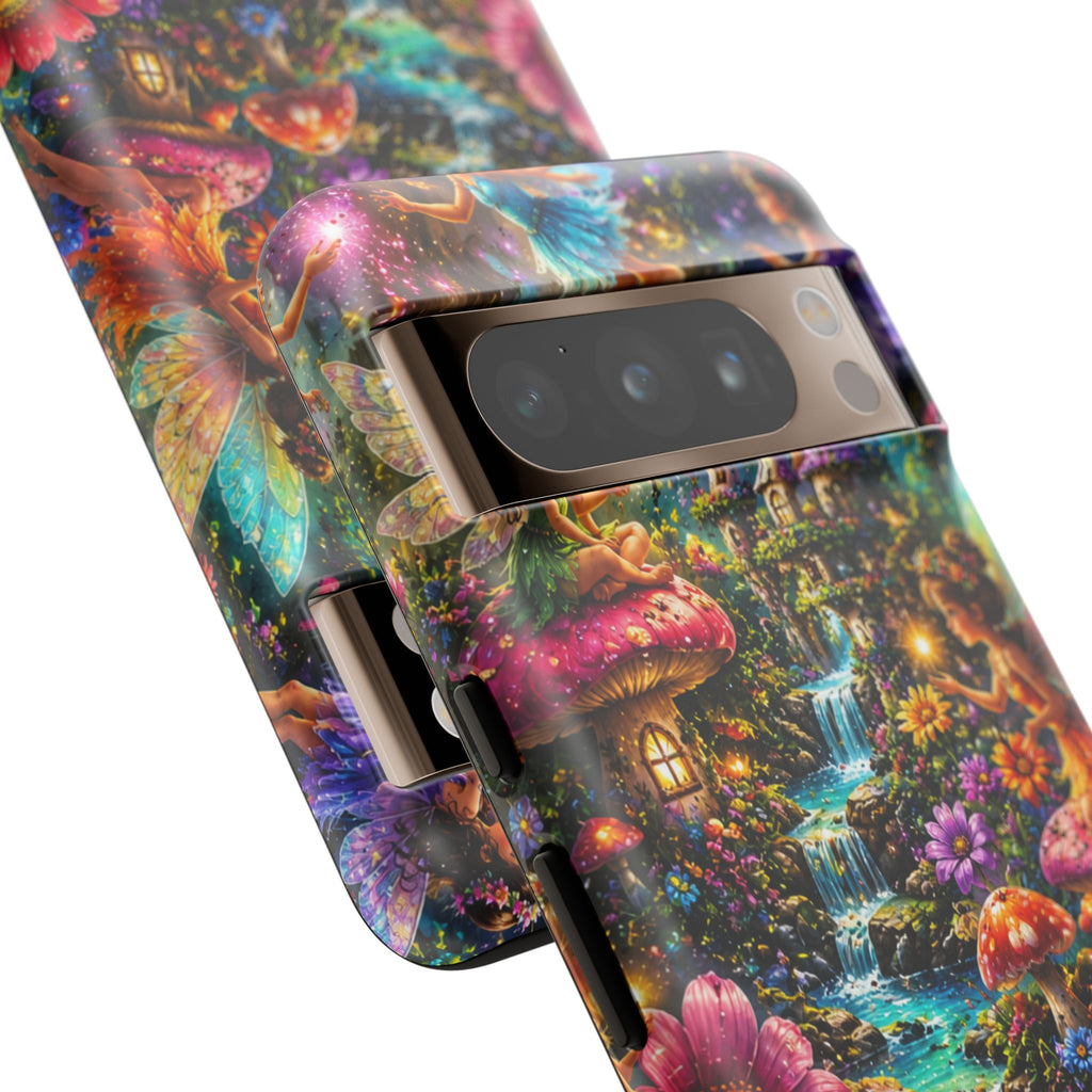Fairy Garden Tough Phone Case — Whimsical Cottage, Waterfall & Mushroom Artwork