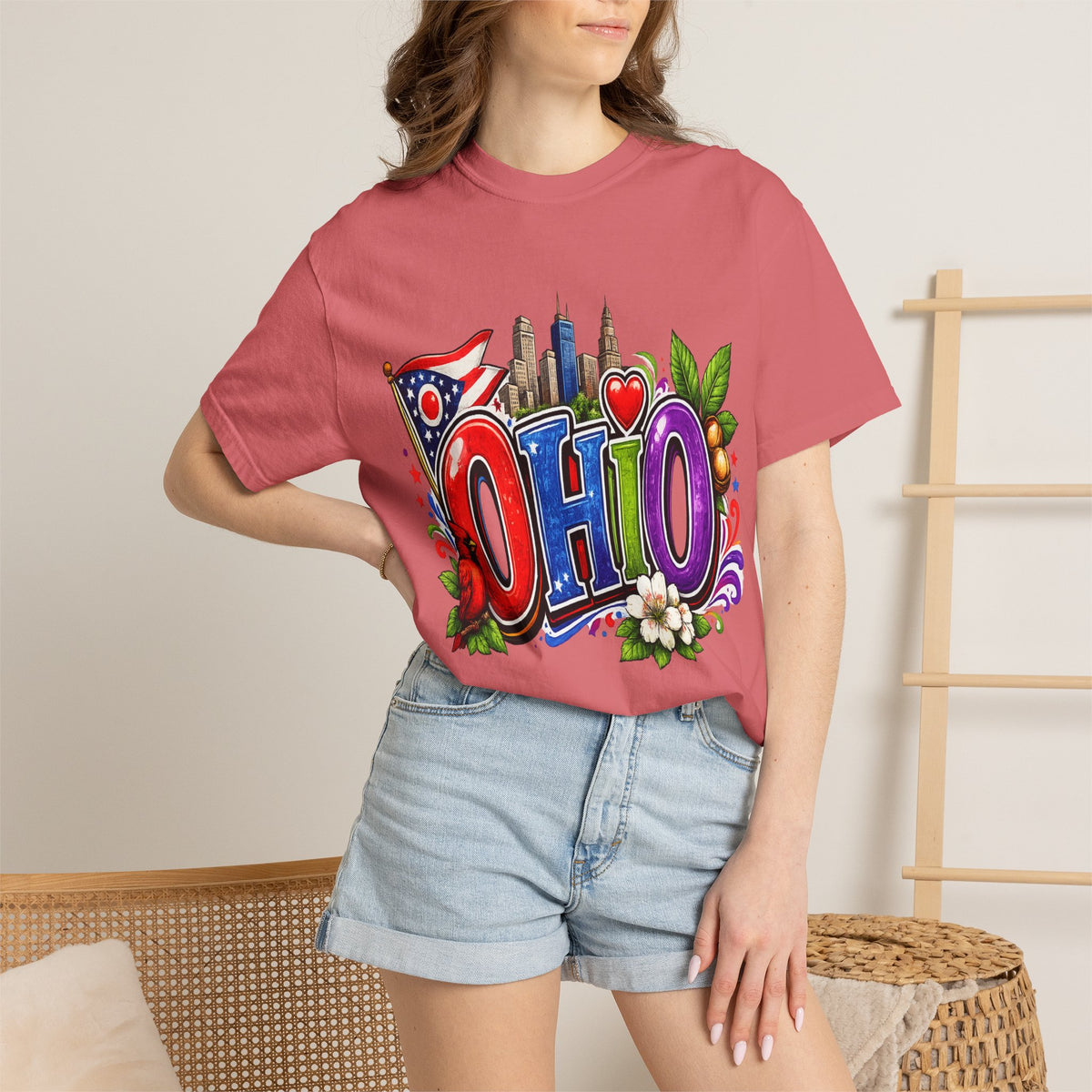 Ohio State Skyline Graphic T-shirt | State Flag Floral Design