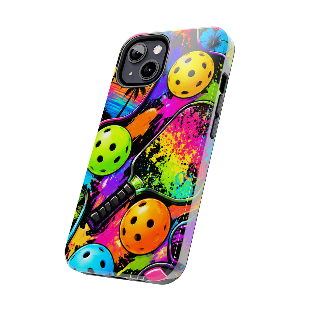 Pickleball Splash Tough Phone Case — Neon Paddle & Ball Protective Cover
