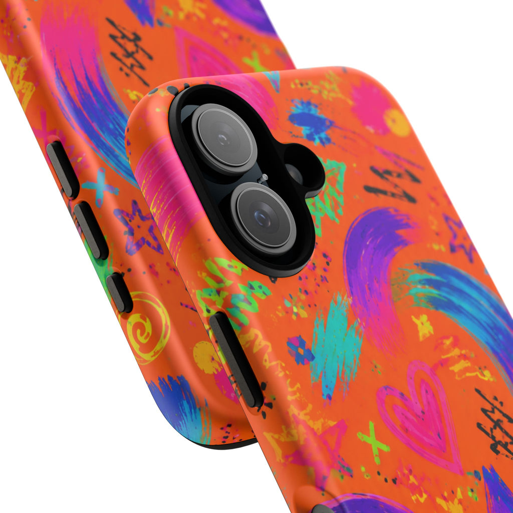 Colorful Neon Doodle Phone Case — Bright Abstract Stars & Hearts Tough Case