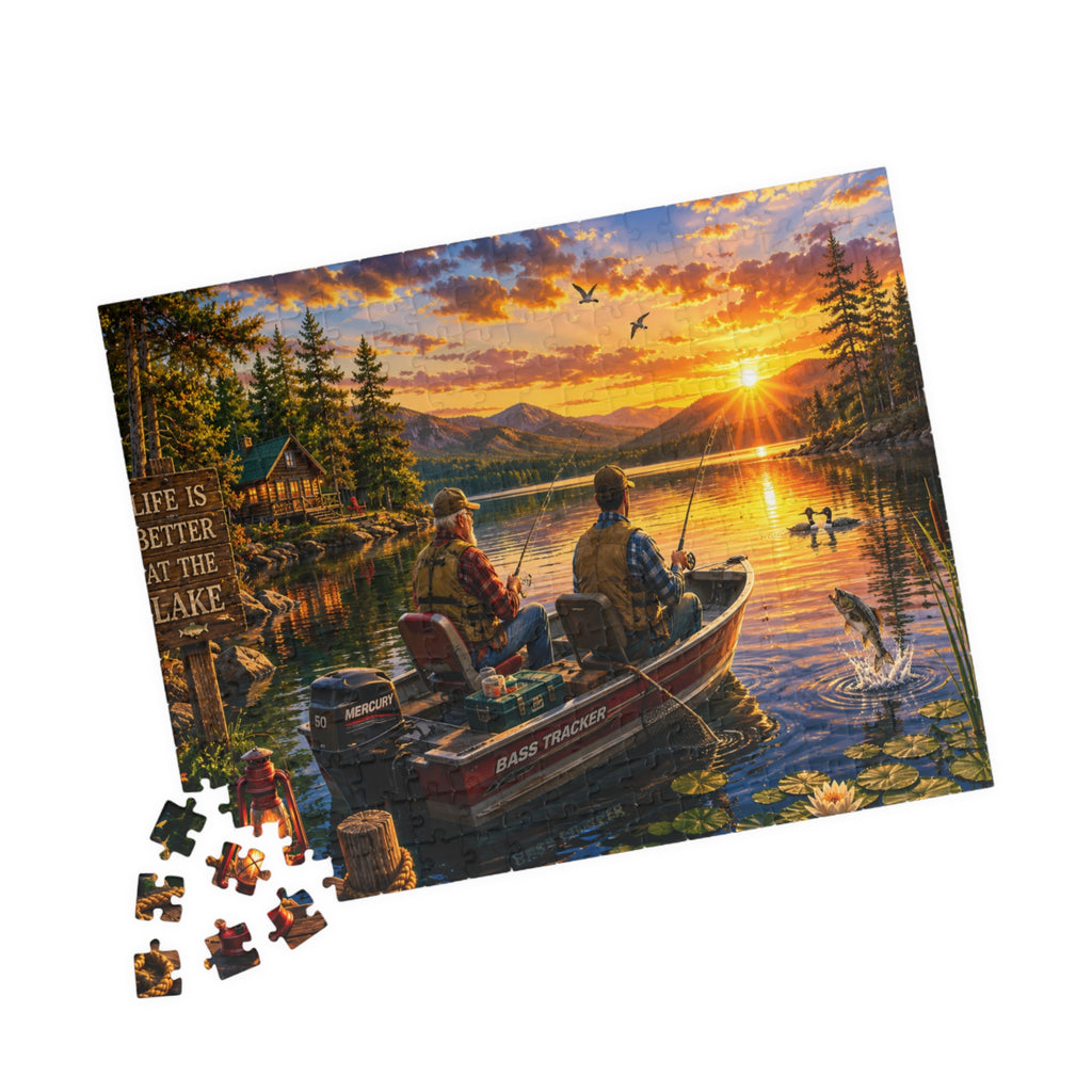 Lake Sunset Fishing Puzzle — "Life Is Better at the Lake" Scenic Jigsaw (110–1014 pcs)