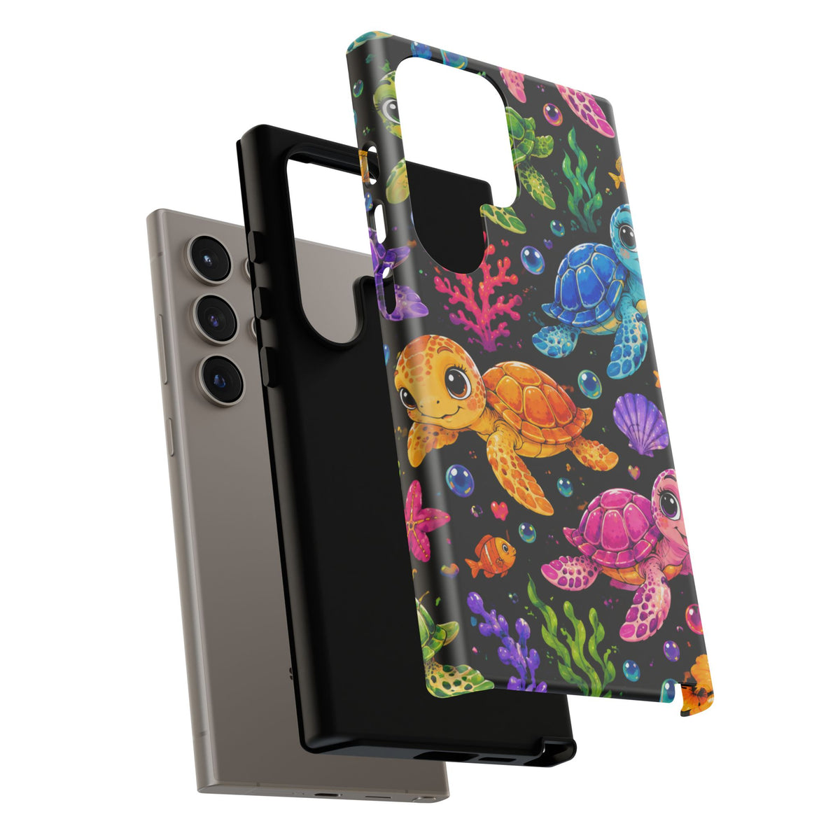 Phone Case — Colorful Cute Sea Turtles on Black (Protective Smartphone Cover)