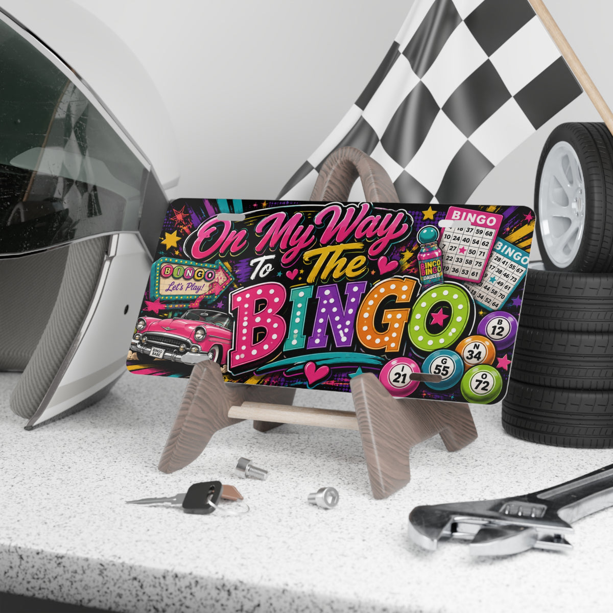 On My Way To The Bingo Vanity Plate | Colorful Retro Bingo Design