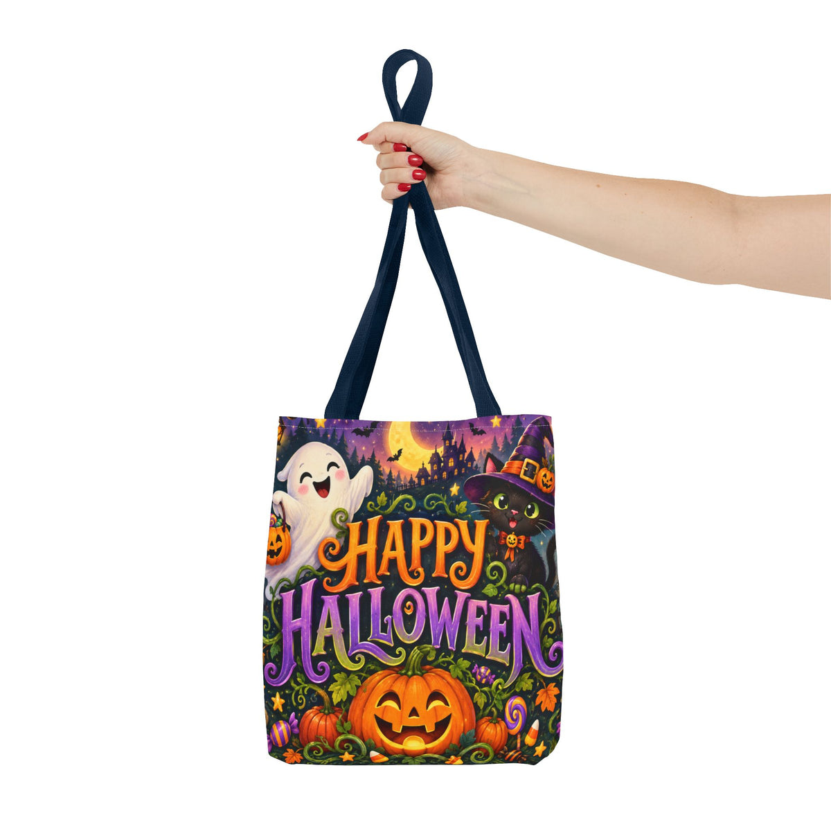 Halloween Tote Bag — Cute Ghost, Black Cat & Pumpkin Trick-or-Treat Candy Bag