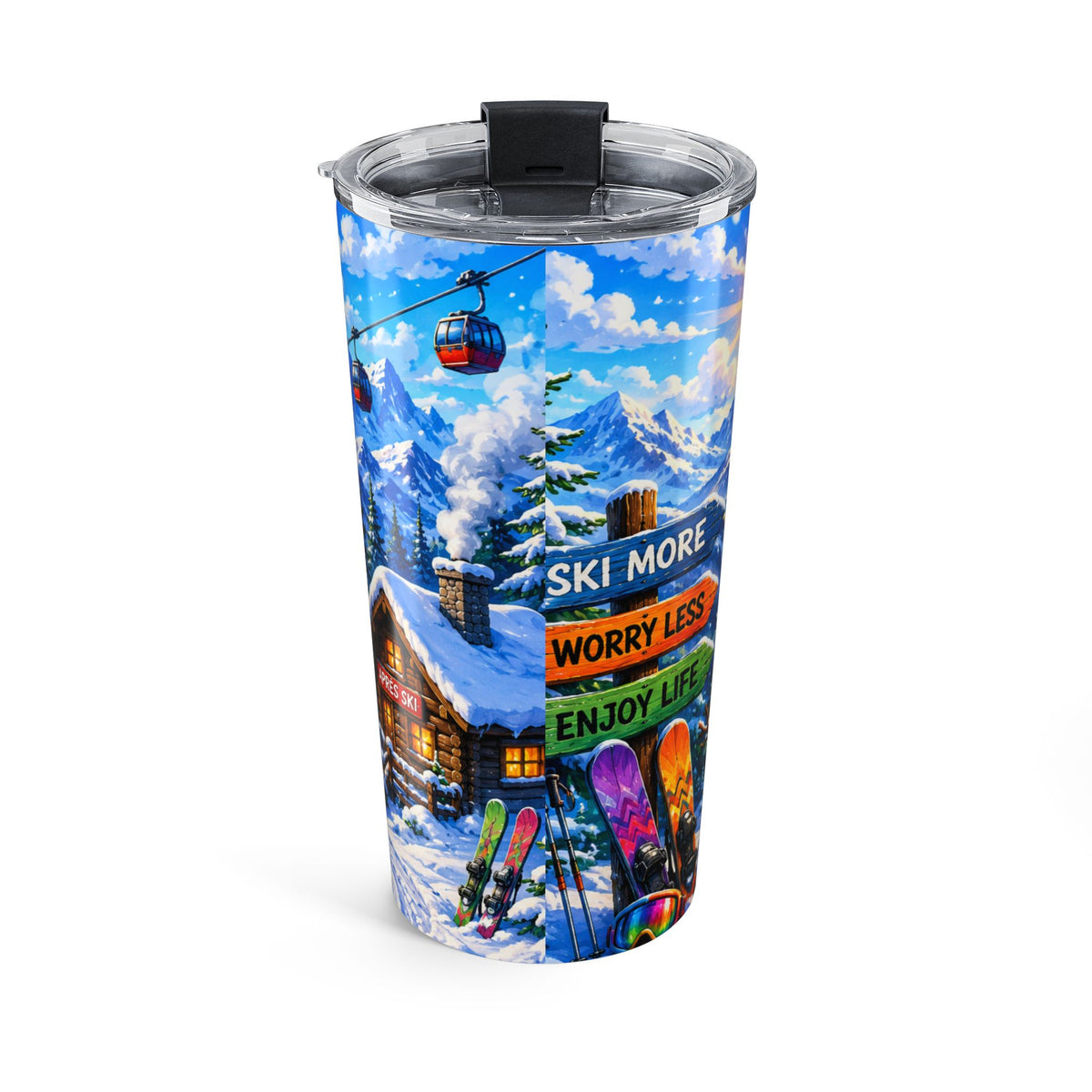 Snowy Mountain Ski Resort Tumbler 20oz | Winter Skiing Scene