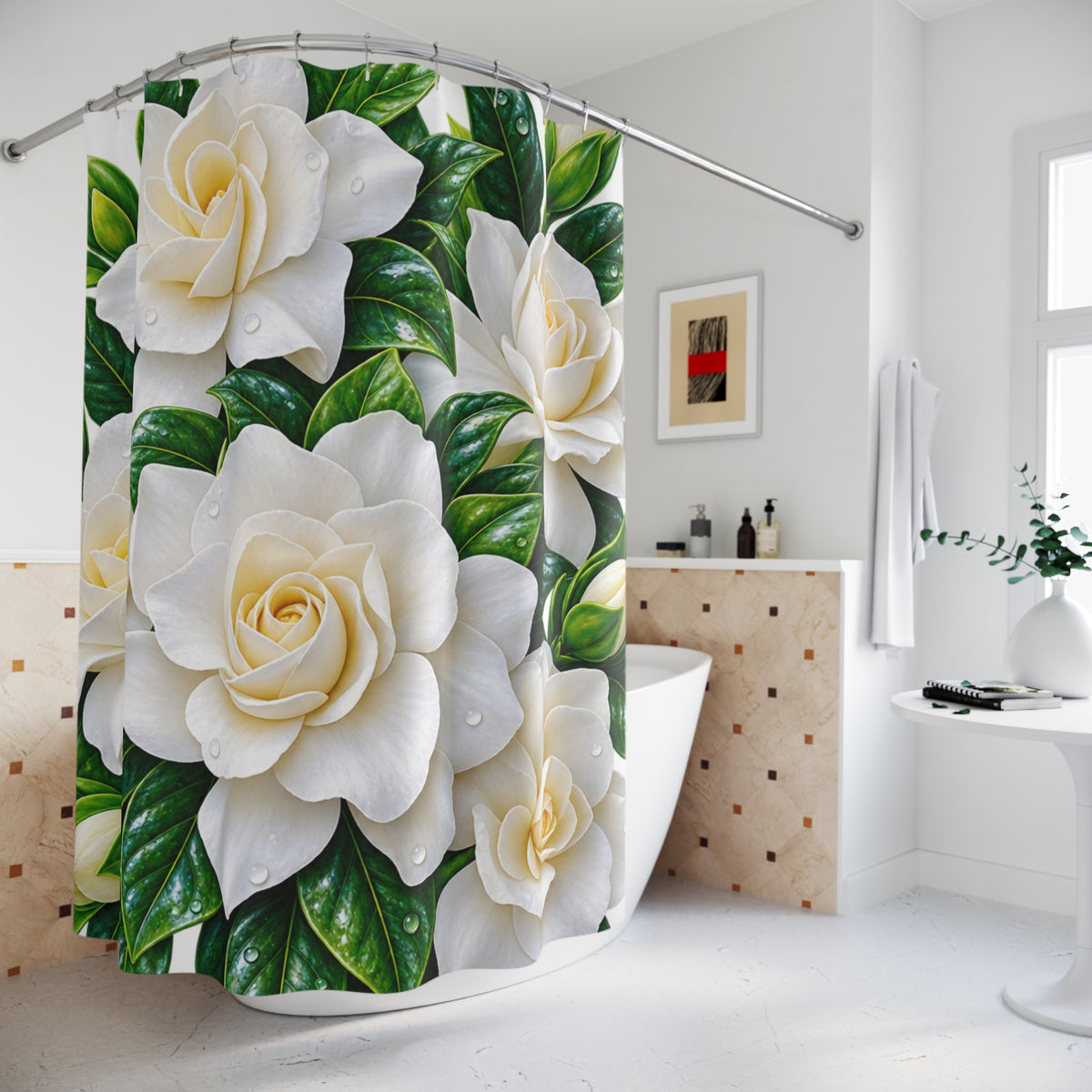 White Gardenia Floral Shower Curtain | Botanical Bathroom Decor