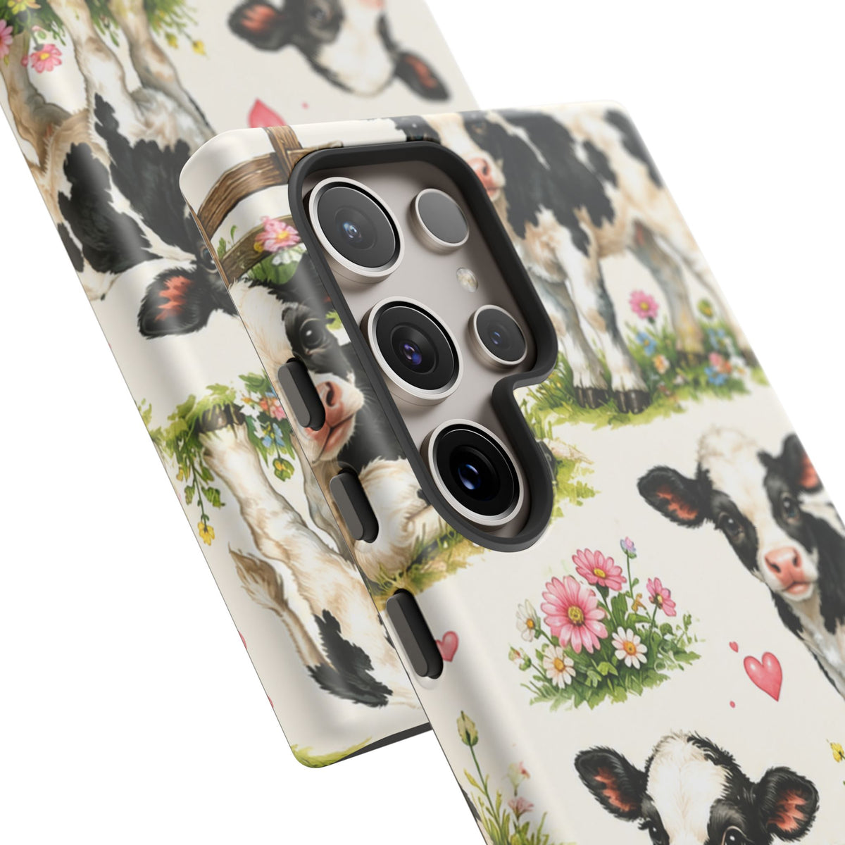 Cute Calf Pattern Phone Case – Pastel Cow Hearts & Flowers Protective Cover