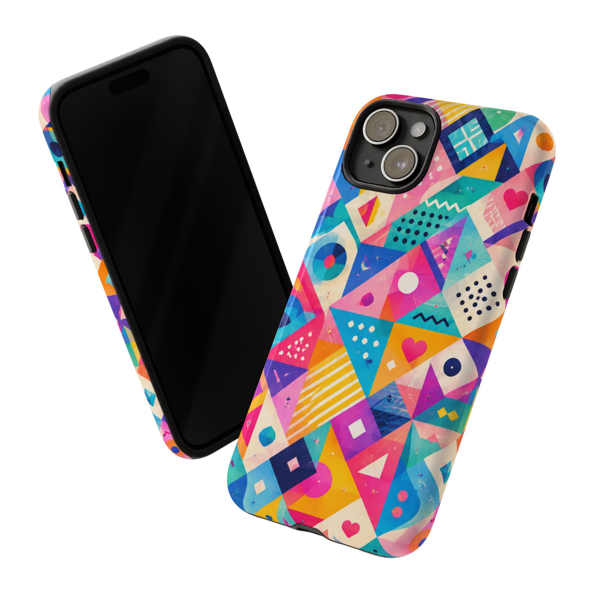Colorful Geometric Tough Phone Case — Bright Abstract Heart & Triangle Pattern