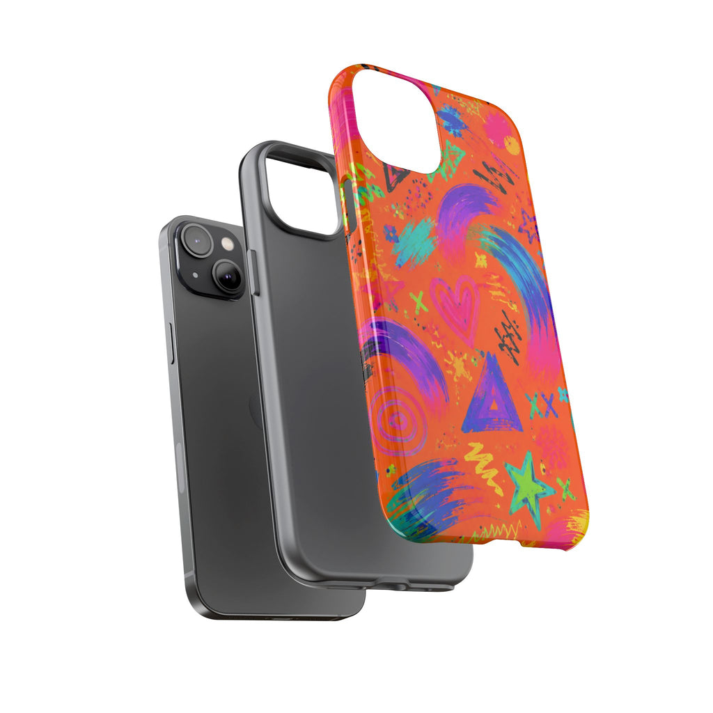 Colorful Neon Doodle Phone Case — Bright Abstract Stars & Hearts Tough Case