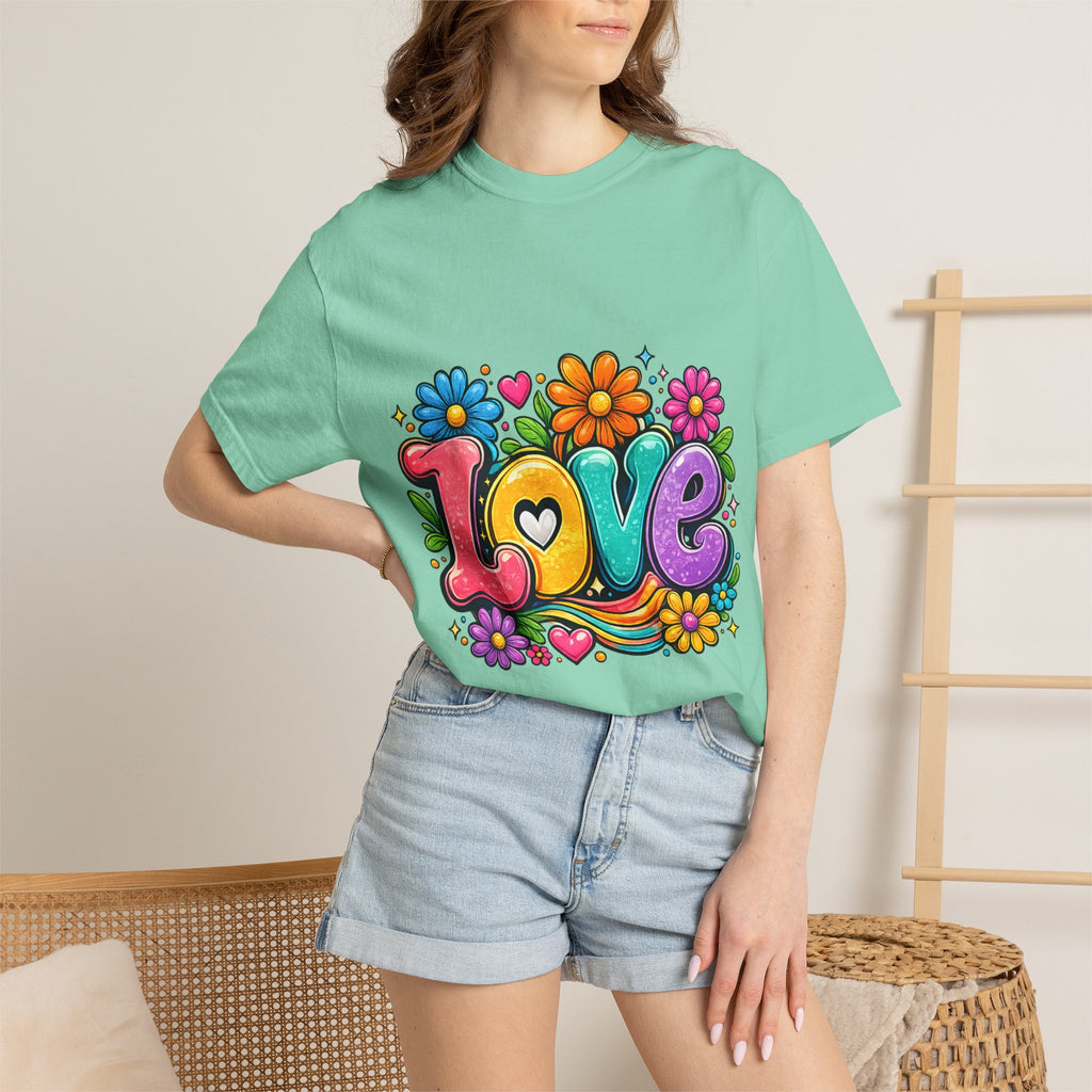 Retro Floral "Love" Design T-shirt | Colorful 70s Heart Typography