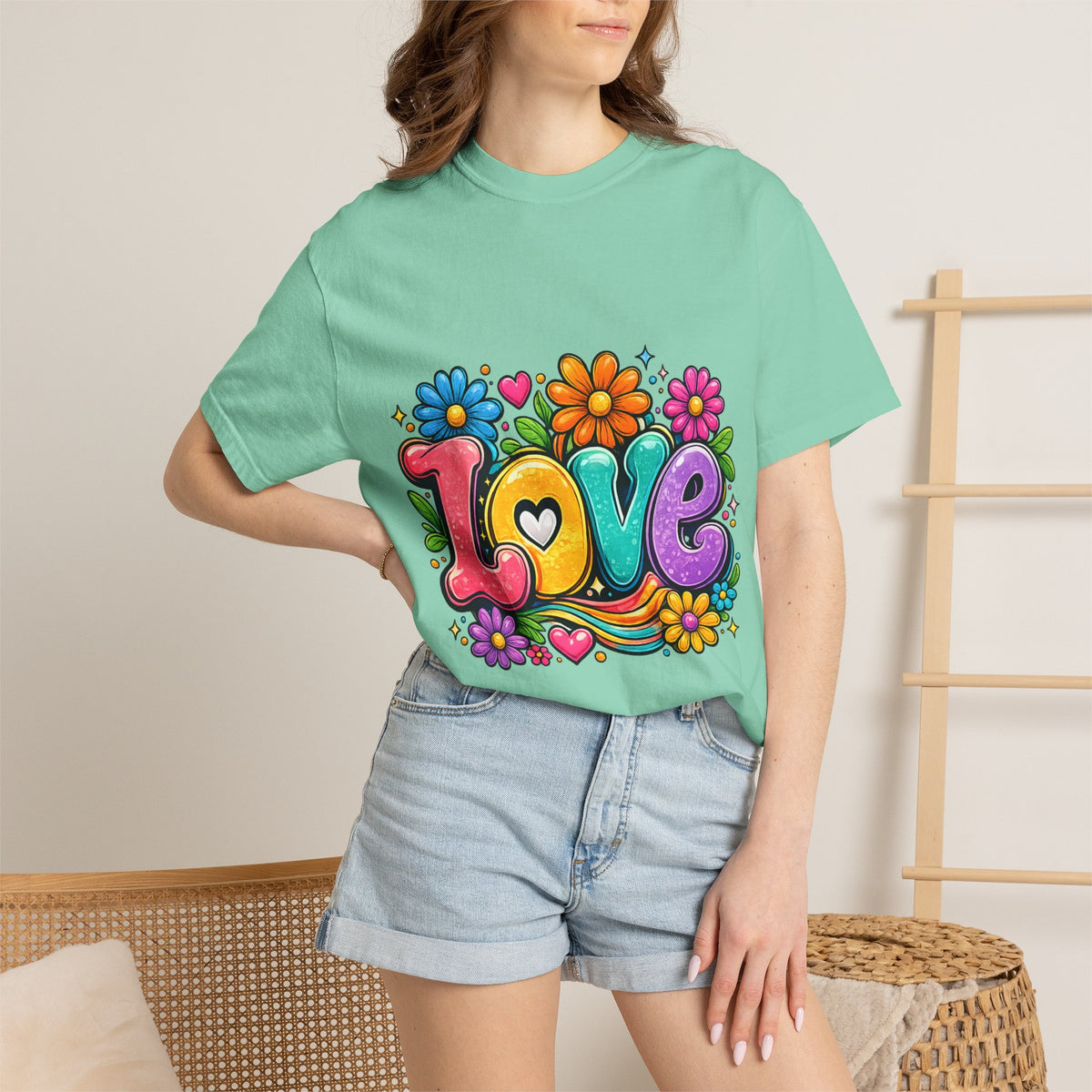 Retro Floral "Love" Design T-shirt | Colorful 70s Heart Typography