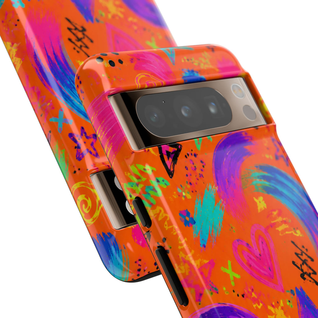 Colorful Neon Doodle Phone Case — Bright Abstract Stars & Hearts Tough Case