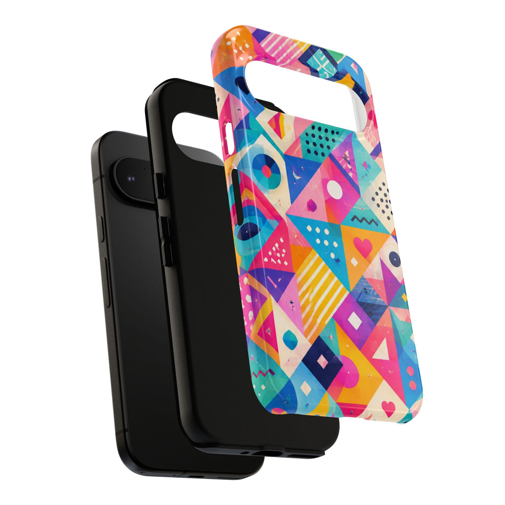 Colorful Geometric Tough Phone Case — Bright Abstract Heart & Triangle Pattern