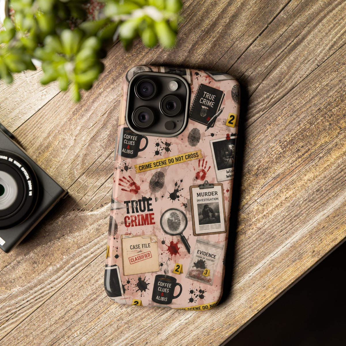 True Crime Pattern Phone Case – Detective Evidence, Crime Scene Tape & 'True Crime' Design
