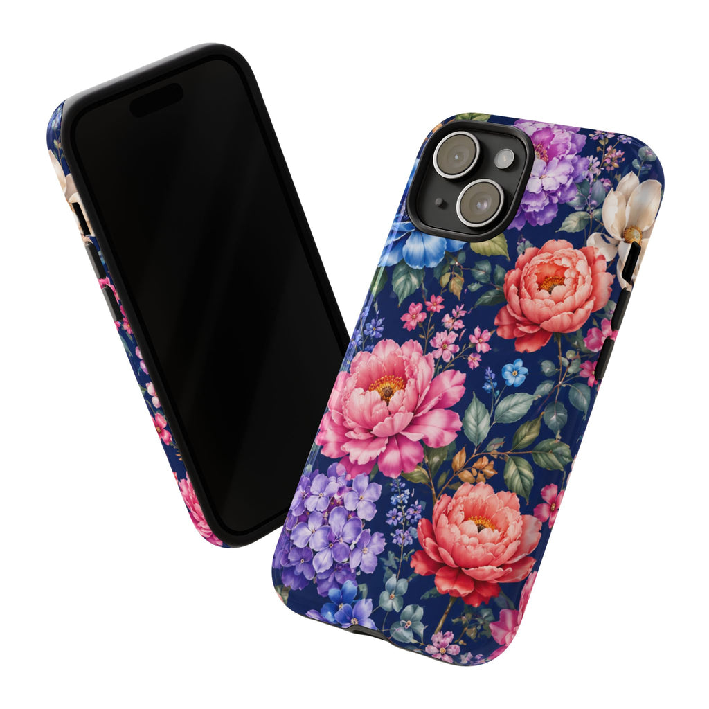 Floral Tough Phone Case – Vibrant Garden Flowers on Navy