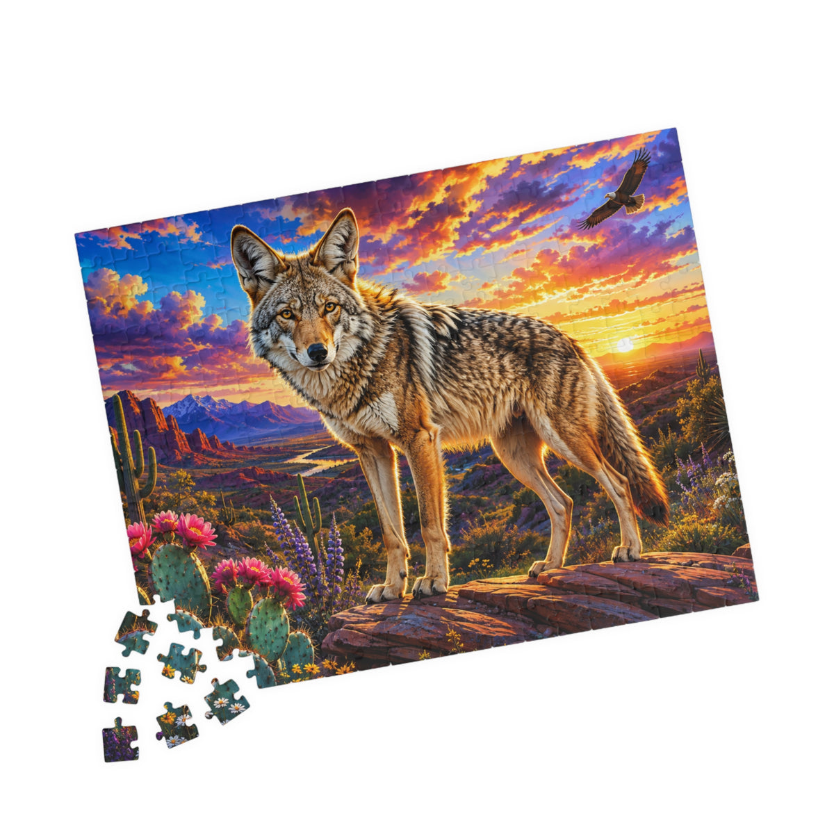 Coyote Sunset Landscape Puzzle — Desert Wildlife Jigsaw (110/252/520/1014 pcs)