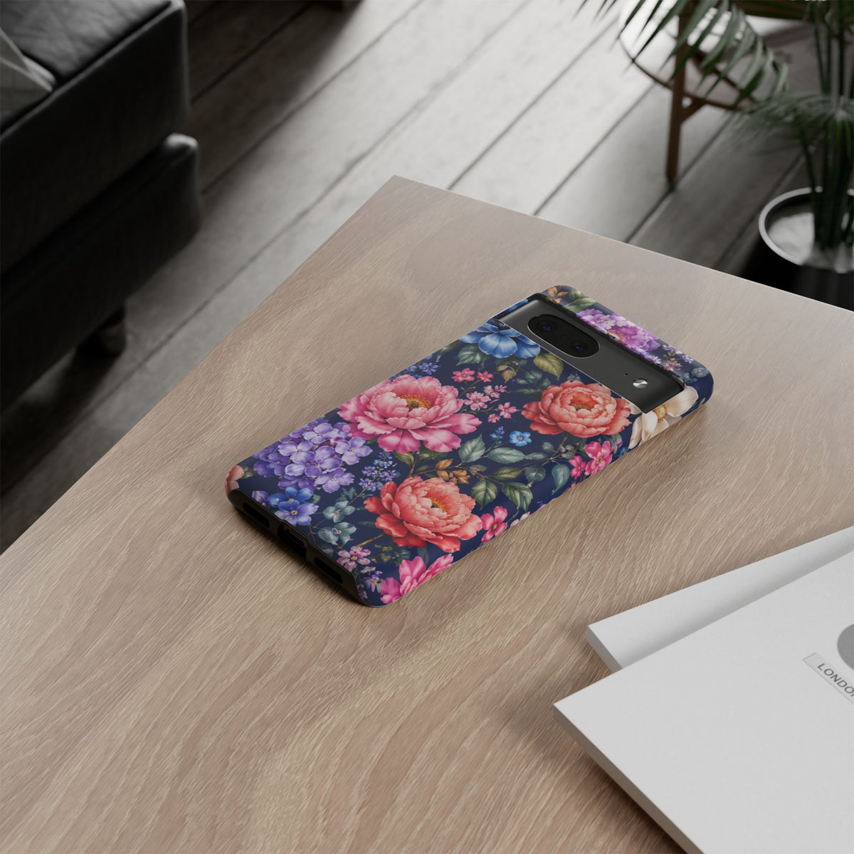 Floral Tough Phone Case – Vibrant Garden Flowers on Navy
