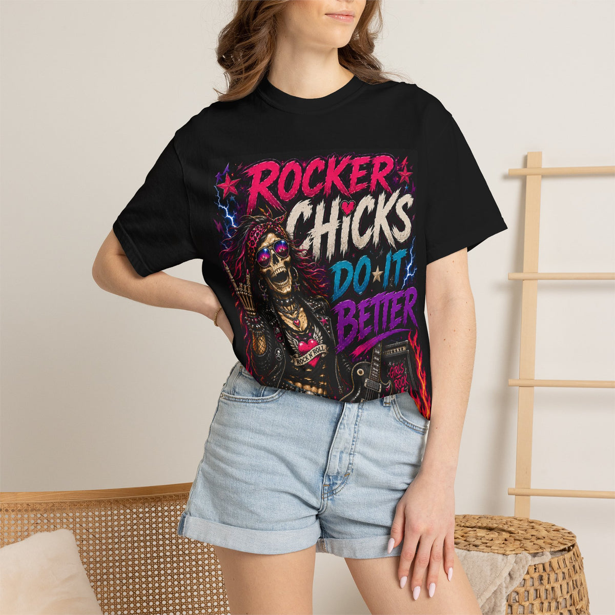 Rocker Chicks Do It Better T-shirt | Skull Guitar Retro Rock Design