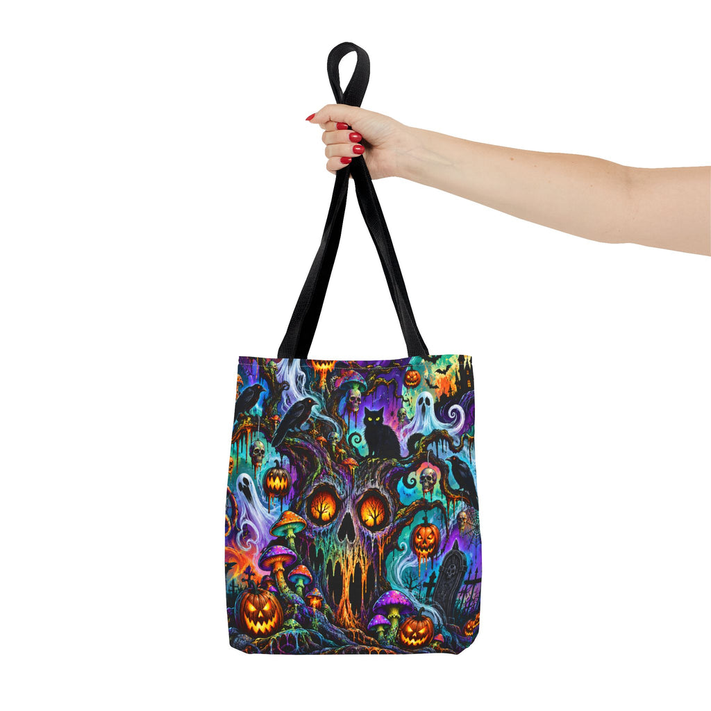 Halloween Haunted Pumpkin Tote Bag — Spooky Cat & Ghosts All-Over Print