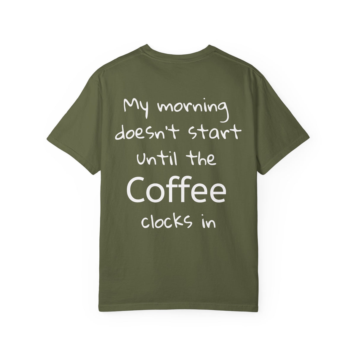 Coffee Cat T-Shirt — Cute Cat Holding Coffee Mug, “My morning doesn’t start until the coffee clocks in” Tee