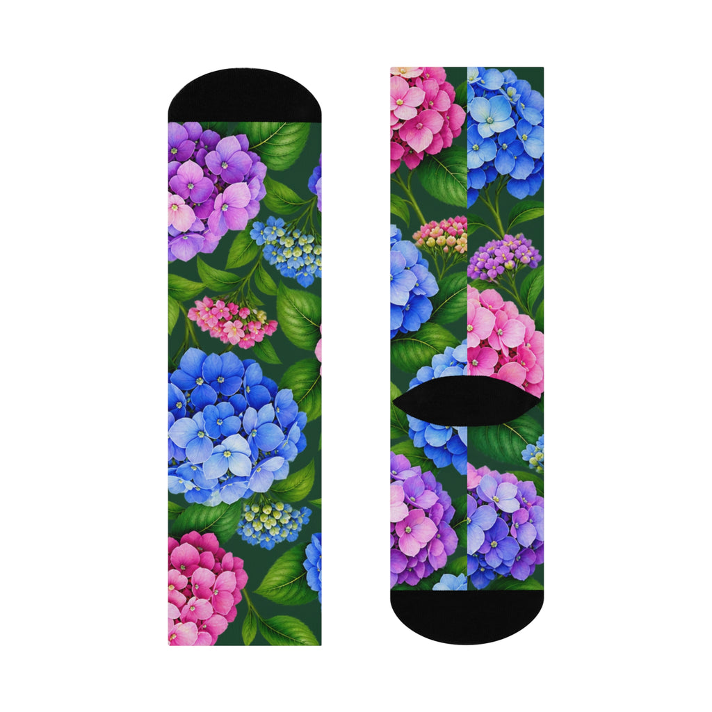 Hydrangea Floral Crew Socks | Pink Blue Purple Bloom Pattern