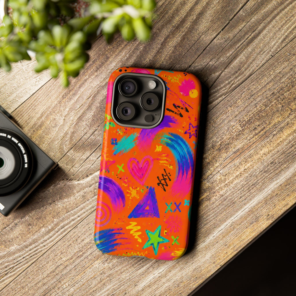 Colorful Neon Doodle Phone Case — Bright Abstract Stars & Hearts Tough Case