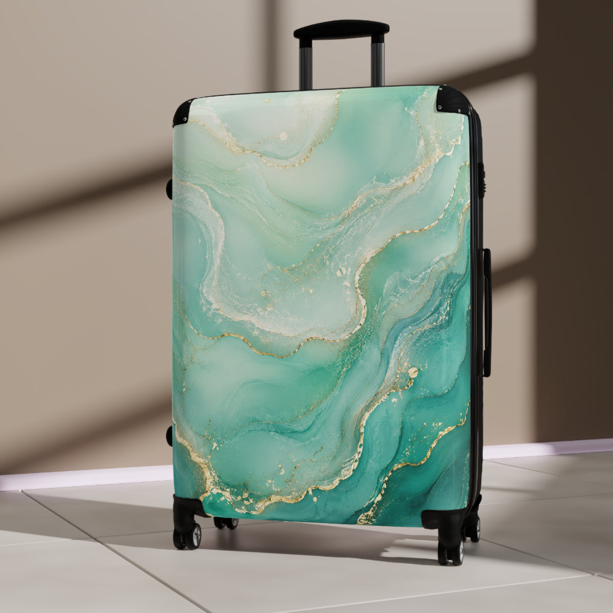 Teal Marble Carry-On Suitcase — Elegant Travel Luggage with Gold Vein Design